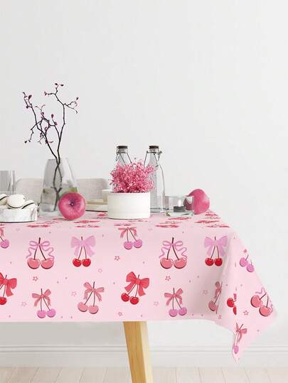 Cherry Birthday Decoration Tablecloths, Large Size Cherry And Bows Birthday Decorations Table Cloth For Cherry Themed Party