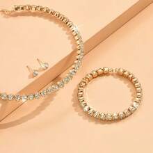 3件套经典珠宝水钻项链、手链、耳环和颈链套装，大号水钻爪链项链配饰 - 金色 - 查看 2