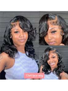 Blended Hair Is Made From Human Hair Mixed With Synthetic Fibers And Protein Filaments Short Body Wave Wig Glueless Short Wavy Bob Wigs 13x4 Frontal Lace Side Part Loose Wave Wigs For Women Shoulder Length Curly Synthetic Wig Lace Part Hair 180% Density - Natural & Black - View 8