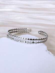 时尚复古双色电镀立方氧化锆条纹手链戒指套装，适合女士日常佩戴 - 款式A 銀色 - 查看 4