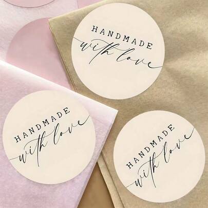 78pcs Handmade Heart Stickers - Elegant Black Cursive Text Embedded In Pale Circles, Vintage Party Decor, DIY Crafts, Gift Packaging, Small Business Branding, Expressing Cheerful Sentiments, Gift Wrapping Supplies