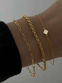 3pcs Alloy Bracelets - Twisted Rope Chain, Safety Pin Chain, Cube Zirconia Decor Mixed Style Bracelets, Suitable For Daily Wear - Yellow Gold - View 1
