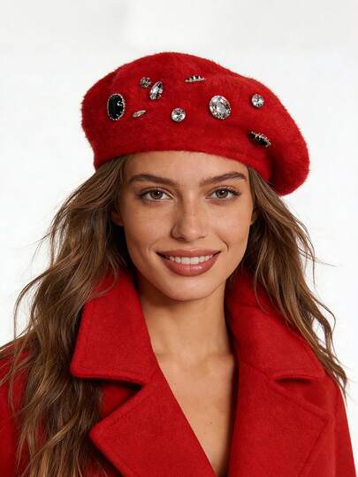 1pc Rhinestone Embellished Rabbit Fur Casual Beret Hat, Suitable For Daily Wear, Valentine's Day, Holiday Gift