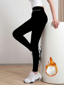 Winter Sport Tights High Waist Thick Wool Letter Embroidery Warm Velvet Thick Thermal Fleece Winter Women, Cozy(Multiple Styles And Colors, Randomly Dispatched) - Black - View 2