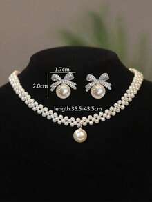 1 Set Women's Fashion Minimalist Elegant Silver Crystal Bow Faux Pearl Braided Necklace And Earrings Set, Stylish Luxury Design Suitable For Weddings, Parties And Daily Wear - White - View 5