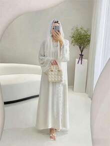 4pcs/Set Lace Trim Abaya With Sleeveless Tank Dress, Headscarf, And Belt - Milky - View 6