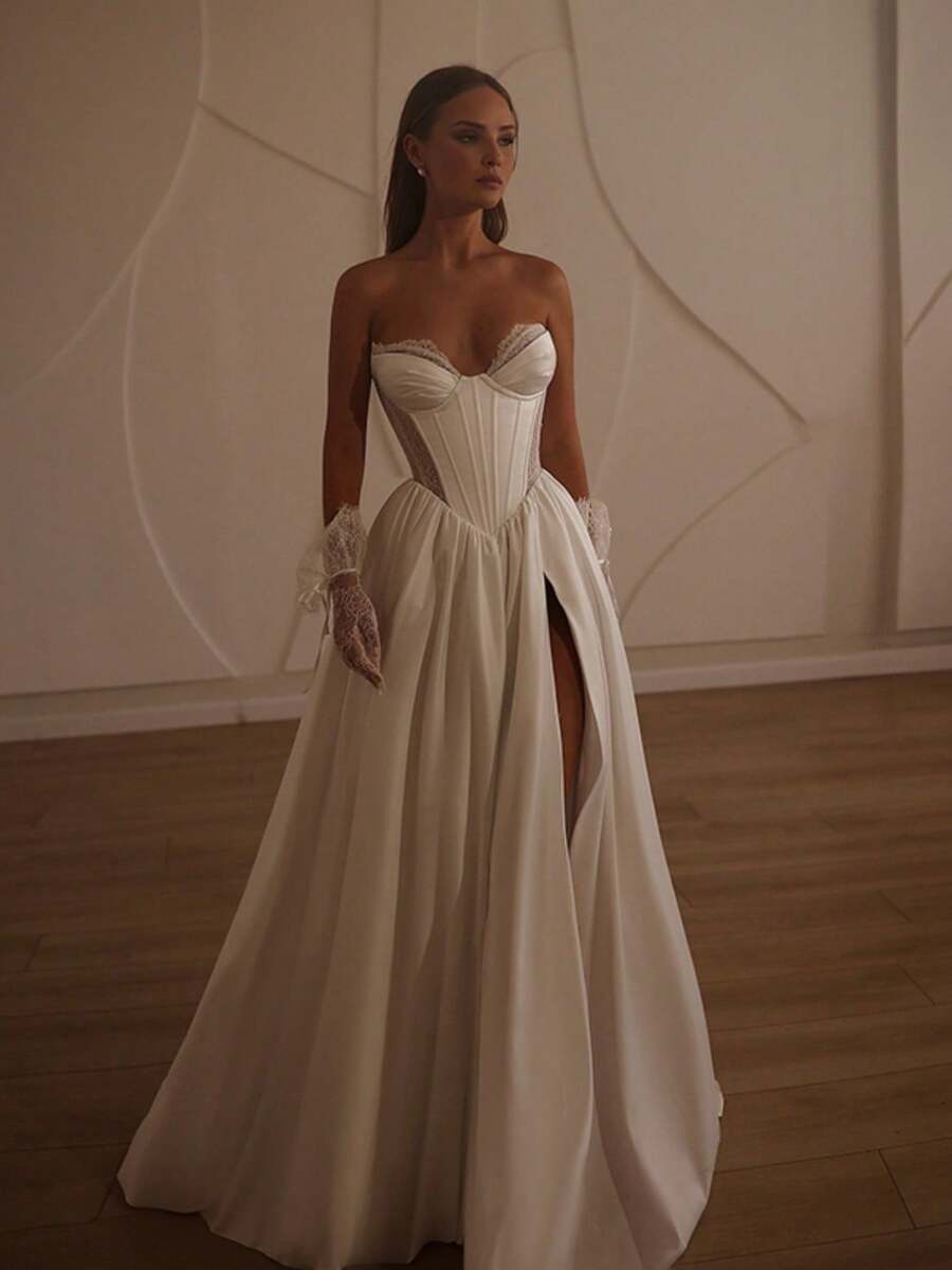 Charming Sexy Off Shoulder Fish Bones Corset High Slit A Line Satin Formal Wedding Dress,Registry Office Dresses Bridal Gown,Evening Party Dress Birthday Party Dress Country Wedding,Romantic Church Ceremony Wedding Dress,Suitable For Wedding,Dating,Party,Singles' Party,Vacation,Formal Occasions,Dinner Dress,Prom Dress,Homecoming Dess,Cocktail Party,Wedding Guest Dress,Graduation - 白色 - 查看 1