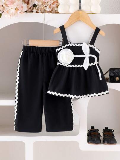 2pcs Baby Girls Elegant Black Camisole Top + Pants Set, Summer Outfit