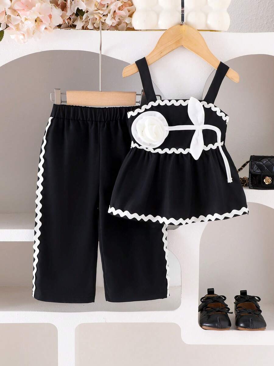 2pcs Baby Girls Elegant Black Camisole Top + Pants Set, Summer Outfit - Black - View 1