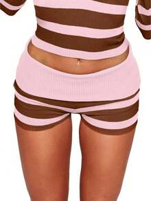 Women Y2k Fold Over Knit Shorts Striped Elastic Waist Low Rise Boycon Crochet Lounge Bottoms Stretchy Pjs Boyshorts Sleepwear Loungewear Streetwear - 粉色 - 查看 1
