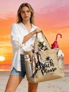 1/2/3件装大容量帆布沙滩包，带拉链小袋，女士夏季度假单肩包，可重复使用购物袋，带口袋，轻便旅行手提包，适合沙滩、游泳、野餐、日常使用，清新海岸风，适合送给女孩、妈妈、朋友，生日、母亲节、夏季假期礼物 - 彩色 - 查看 4