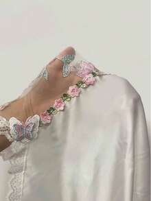 1 Set Mesh Floral Embroidery Bow Pajamas + 1 Piece Lingerie Set White - White - View 5