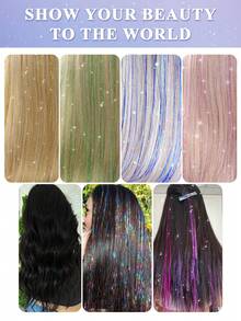 6pcs Green Glitter Hair Tinsel Set, 22 Inch/56cm Stylish Long Straight Synthetic Hair Tinsel With Clips, Suitable For Parties And Holiday Gifts - Green - View 7