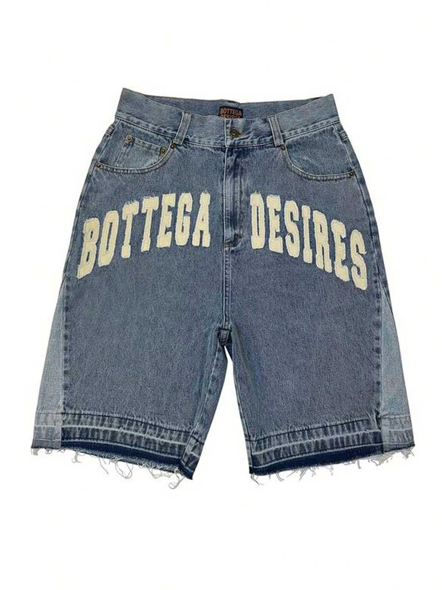 Mens Trending Denim Shorts - Distressed Letter Embroidery Denim Shorts Summer Essentials Vintage Casual Denim Shorts With Pockets - 藍色 - 查看 1