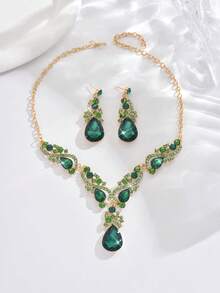3pcs Women's Alloy Rhinestone Glass Jewelry Set, Including 1 Pair Earrings And 1 Necklace, Suitable For Weddings, Parties And Gifts - Green - View 2