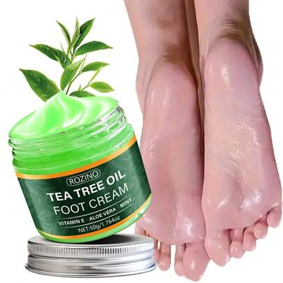 50克茶树芦荟足霜，清凉不油腻，夏季适用。富含茶树油、芦荟、薄荷、蜂蜜、维生素E、乳木果油、椰子油和洋甘菊，滋润并软化粗糙的足部肌肤，适合所有肤质，可用于足部、手部、关节和腿部。足部护理，肌肤护理，节日礼物。