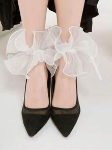 1 Pair Women's Multi-Layer 3D Ruched Transparent Organza Material White Wide Satin Ribbon Bow Retro Theme Fashionable Leg Warmers - Multicolor - View 3