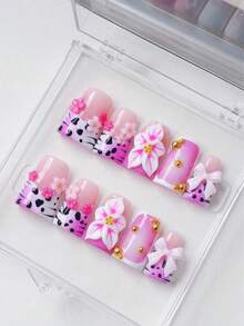 Handmade Pink Press On Nails, 3D Flowers, Zebra Print, Bows, Gold Beads, Short Square False Nails, Party, Festival, Daily Wear Summer - 玫紅色 - 查看 1