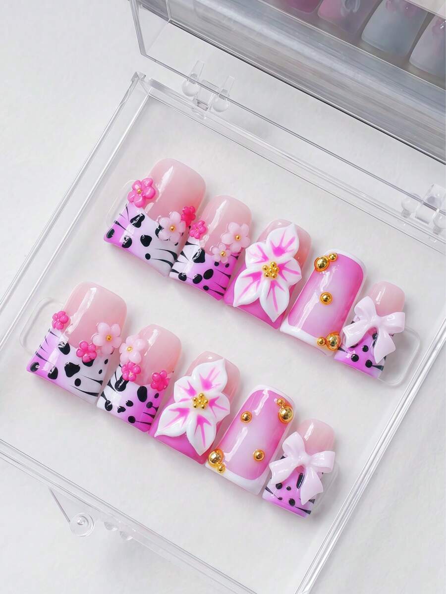 Handmade Pink Press On Nails, 3D Flowers, Zebra Print, Bows, Gold Beads, Short Square False Nails, Party, Festival, Daily Wear Summer - 玫紅色 - 查看 1