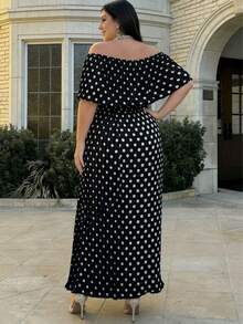 Plus Size Women's Vintage Elegant Socialite Black & White Polka Dot Off-Shoulder Ruffle Waist Dress, Fitted High-End, Suitable For Summer Daily Outings, Beach Vacation, Dates, Birthday Parties And Other Occasions - Black - View 3