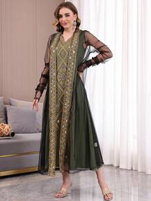 2pcs Heavily Beaded Embroidered Dress Set With Underskirt, Elegant Arabic Women's Dress, V-Neck, New Release, High-End Dignified Style, 2026 New Ramadan Traditional - Green - View 2