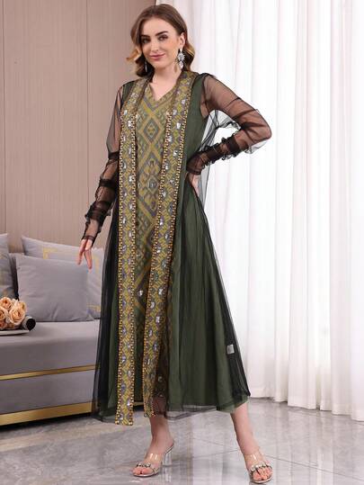 2pcs Heavily Beaded Embroidered Dress Set With Underskirt, Elegant Arabic Women's Dress, V-Neck, New Release, High-End Dignified Style, 2026 New Ramadan Traditional