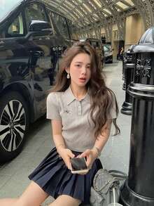 Summer New Polo Collar Knit Sweater, Short Sleeve T-Shirt, Women Pullover - Grey - View 4