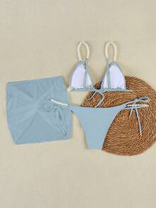 Bộ bikini gợi cảm màu xanh nhạt đính hạt cườm, dây đeo và họa tiết hoa, kiểu dáng nghỉ hè 2026, thích hợp cho bãi biển, kỳ nghỉ hè, tiệc sinh nhật, tập thể dục, mặc hàng ngày và ngoài trời thanh lịch. - Màu xanh nhạt - Xem 4