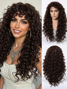 24英寸黑棕色杰瑞卷发假发，带刘海，优雅的非洲卷发合成纤维假发，哑光质感，高密度，适合所有肤色，机械式，长款，欧美时尚，高品质，节日必备美妆单品，适合所有人，完美适用于音乐节、日常佩戴、婚礼、万圣节、圣诞节、母亲节、毕业典礼等场合，佩戴舒适 - 黑棕色 - 查看 6