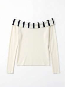 甜美女孩条纹撞色露肩长袖毛衣，女士早春服装 - 杏色 - 查看 11