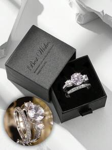 2pcs/Set Luxury Cubic Zirconia Ring Set, Sparkling Engagement Rings, High-End Women's Rings For Wedding, Party, Made Of Copper, Great Gift For Birthday, Valentine's Day - Silver - View 8