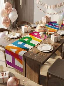 1pc Happy Birthday Table Runner - Rectangular Polyester Fabric, Birthday Tablecloth, Colorful Party Backdrop, Woven, Suitable For Indoor/Outdoor Home Party Decor