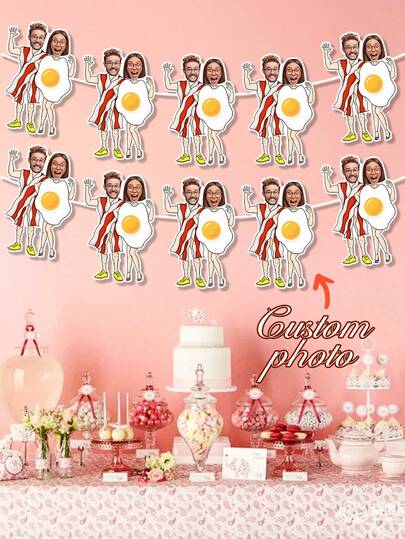 7/14/21 st anpassad fotobacon och ägg-parbanderollgirlang – Personlig rolig paransiktsbanderoll för alla hjärtans dag/årsdag/födelsedagsfestdekor | Anpassningsbar parfotogirlang för hemvägg, festbakgrund | Humoristisk mattema-parbanderoll