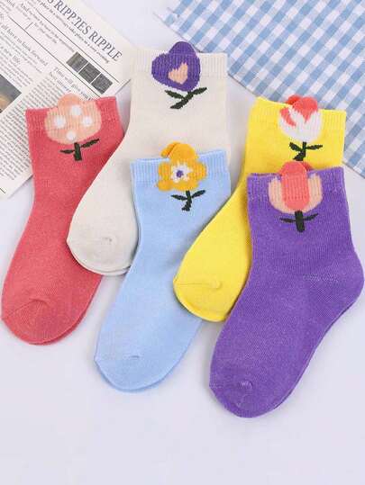5双装女童亮丽花卉公主袜 - 柔软透气，吸湿排汗，色彩缤纷的卡通花朵，四季皆宜，适合作为礼物和派对用品，可爱袜子
