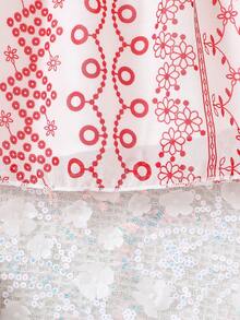 夏季女童甜美时尚花卉印花蕾丝边衬衫 - 紅色 - 查看 6