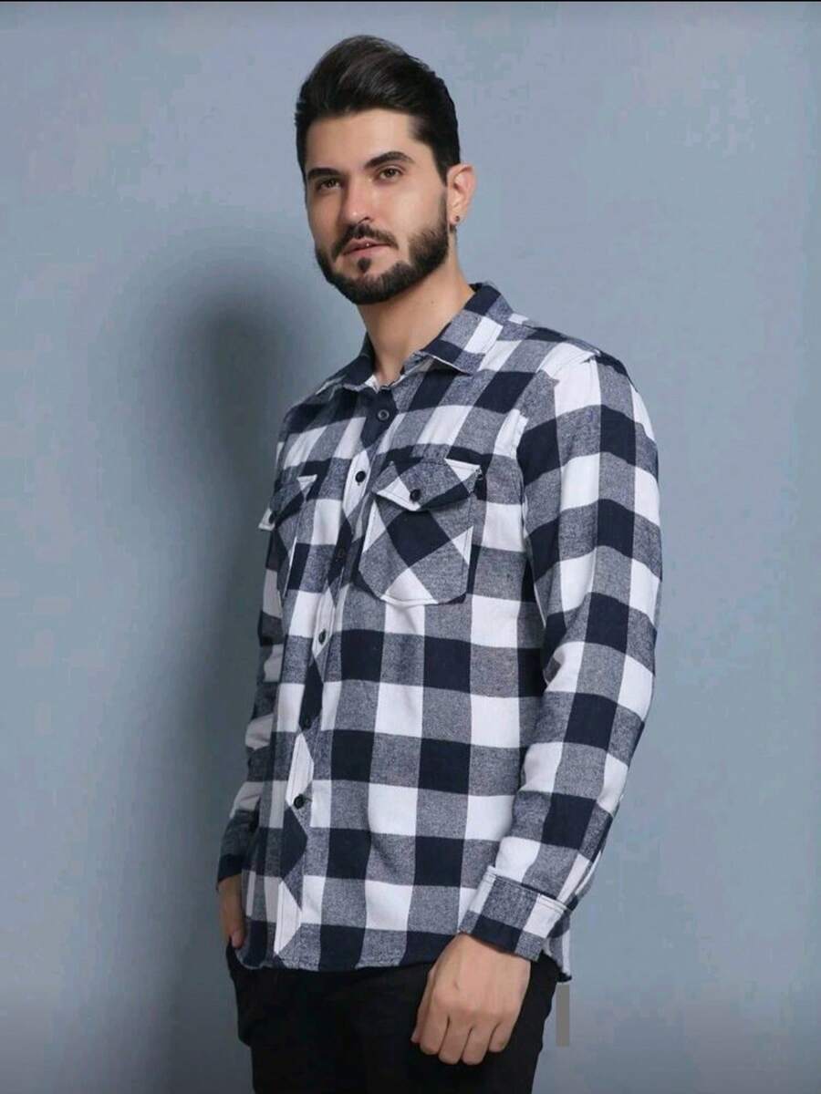 Men's Long-Sleeved Plaid Flannel Dress Shirt, Regular Fit, Buttons Down The Front, With Pocket. - Navy Blue - View 1