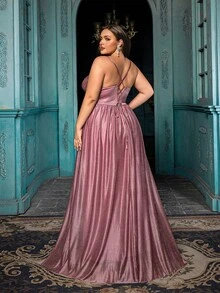 QOQ 优雅气质大码伴娘礼服 时尚正式礼服 适合婚礼、正式活动、婚宴、婚礼派对 莲藕粉色开衩吊带超长连衣裙 - 藕粉色 - 查看 2