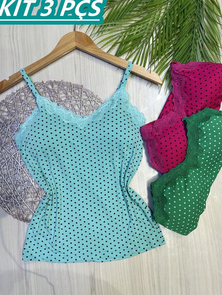 Set Of 3 Polka Dot Tank Tops With Built-In Bra Cups, Made Of Pretty Viscose/Lycra Fabric. - Aquamarine + Rose Red + Grass Green - View 1