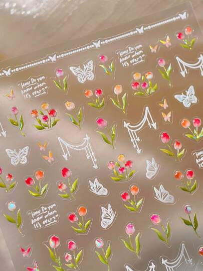 1 pieza Pegatinas de arte de uñas de con flores de tulipán vibrantes de gelatina, mariposas volando, para decoración de uñas de mujer para fiestas, bodas y uso diario