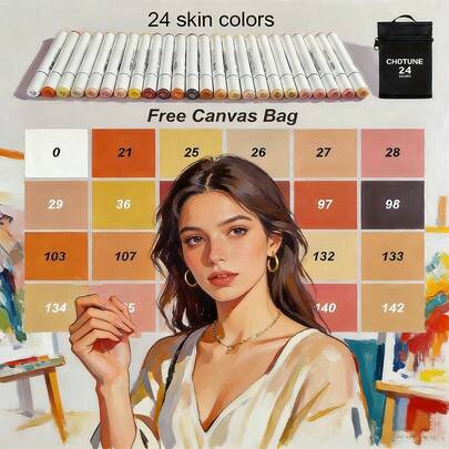 12/24pcs Dual-Tip Marker Pen Set - Vivid Skin Tone Colors For Artistic Creations - Fine & Broad Nibs For School & Office Use - Ldeal For Artists,Students, And Professionals