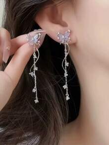 2pcs Butterfly Earrings, Green Butterfly Tassel Pendant Earrings, Sweet & Fashionable, Suitable For Women's Daily Wear, Vacation, Gathering - Pink - View 1