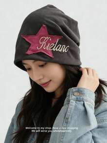 1顶Y2K复古风针织帽，适合女性和青少年女孩，复古街头风，饰有3D星星贴片和刺绣字母，宽松弹力均码，适合秋冬季休闲、户外和街头穿搭。 - A - 查看 5