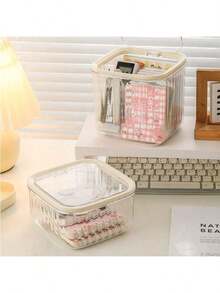 1pc High Quality Transparent Small Desktop Trash Can, Multifunctional Makeup Vanity And Office Desk Organizer - Multicolor - View 5