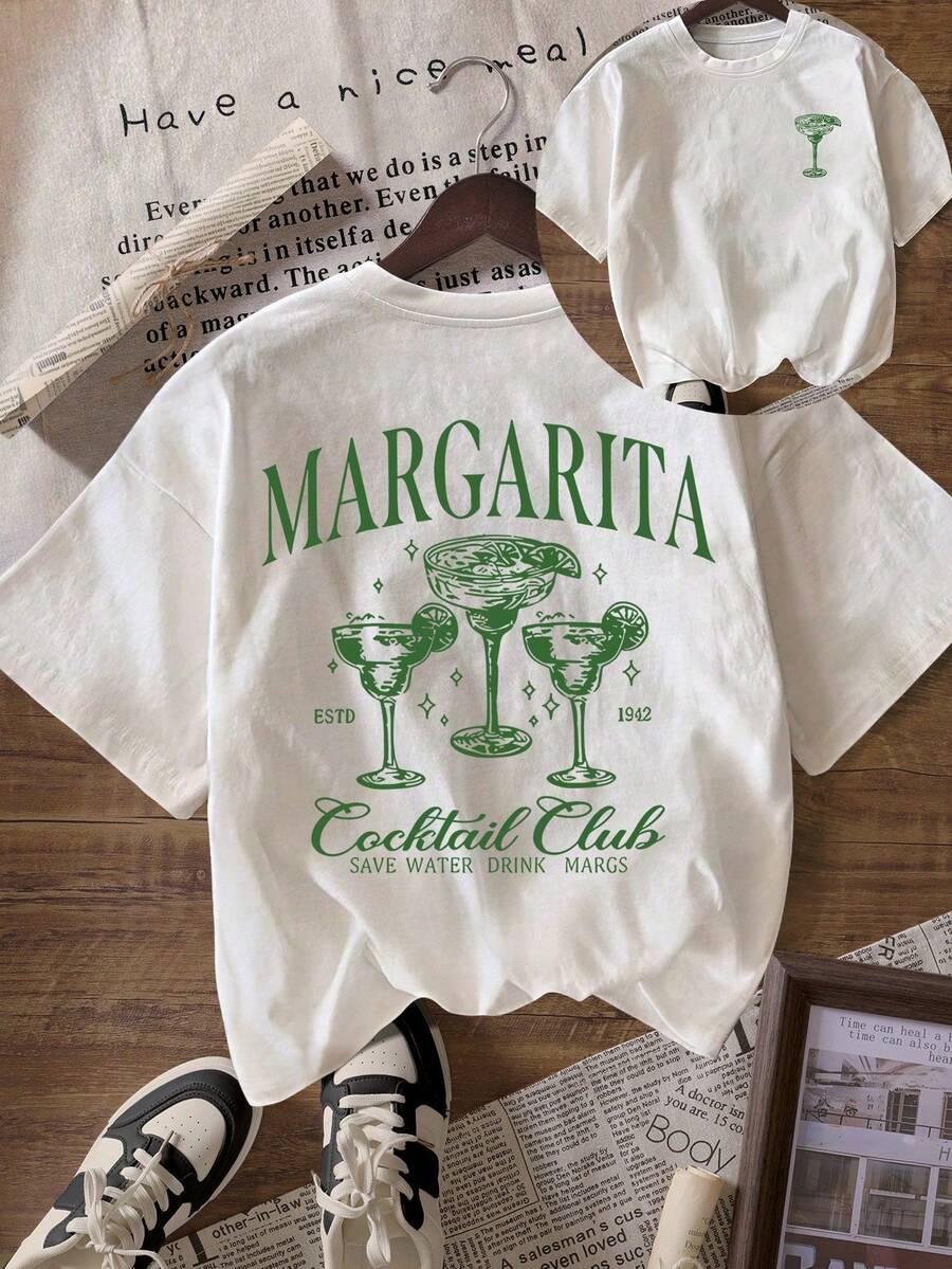 MARGARITA Drinking Graphic Women Casual Round Neck Short Sleeve T-Shirt, Summer Beach Outfits, Plus Size - White - View 1