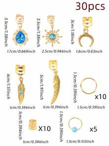 30个绿松石色脏辫发圈，时尚波西米亚音乐节派对发饰，爪夹，发夹，发卡 - 金色 - 查看 6