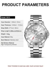 BIDEN 1pc Men's Watch, Fashion Casual, Waterproof Luminous Calendar Quartz Watch, Solid Steel Strap, Men's Business Watch - Silver - View 9