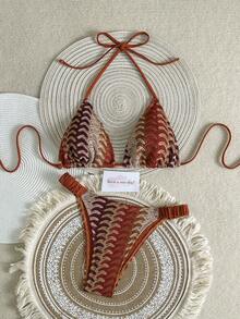 2026春夏新款性感露背网纱纹理面料女士比基尼泳装两件套，适合新年、情人节、音乐节、温泉、泳池派对、夏季海滩度假等场合。 - 亮橙色 - 查看 2