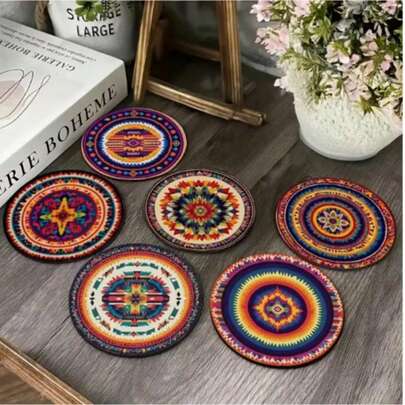 6pcs Mexican Style Striped Carpet Pattern Wooden Coaster Set, Heat-Resistant Kitchen Wooden Table Mats Suitable For Holiday Parties, Bars, Offices And Homes - Bar Accessories, Home Entertainment, Vibrant Decor Beverage Coaster Set, Office Staff, Home Decor