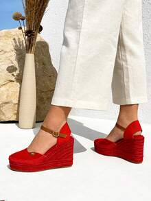 Women's High Wedge Espadrille-Style Sandals For Spring And Summer With Jute Sole, Ideal For Work, Vacations, Dates; Comfortable And Elegant Platform Shoes For Everyday Wear In Spring And Summer - 紅色 - 查看 2