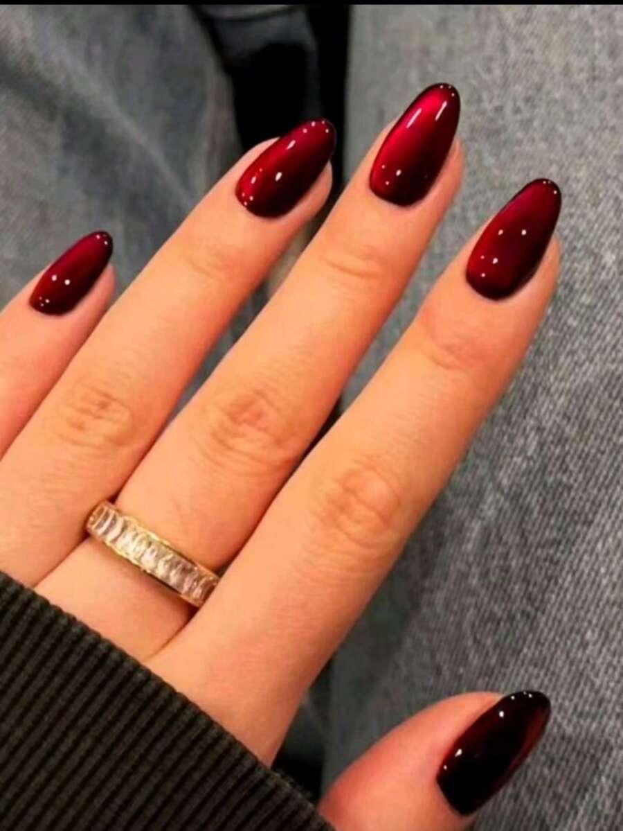 24pcs/Set Y2K Aesthetic Blood-Red Crystal Cat Eye Press On Nails Long Almond Red Cat Eye Acrylic False Nails ,Contain 1pc Jelly Glue And 1pc Nail File,Suitable For Woman & Girl Daily Wear And Party Use - Red - View 1